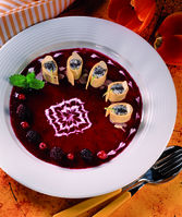 R�hrchennudeln mit Mohn-Joghurt-F�llung und Beerensauce